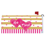Mailbox cover with pink hearts and 'Be Mine' text on a striped background