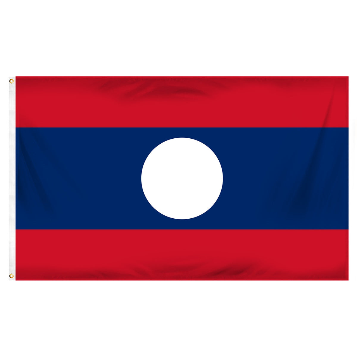 Flag of Laos with red and blue horizontal stripes and a white circle in the center.