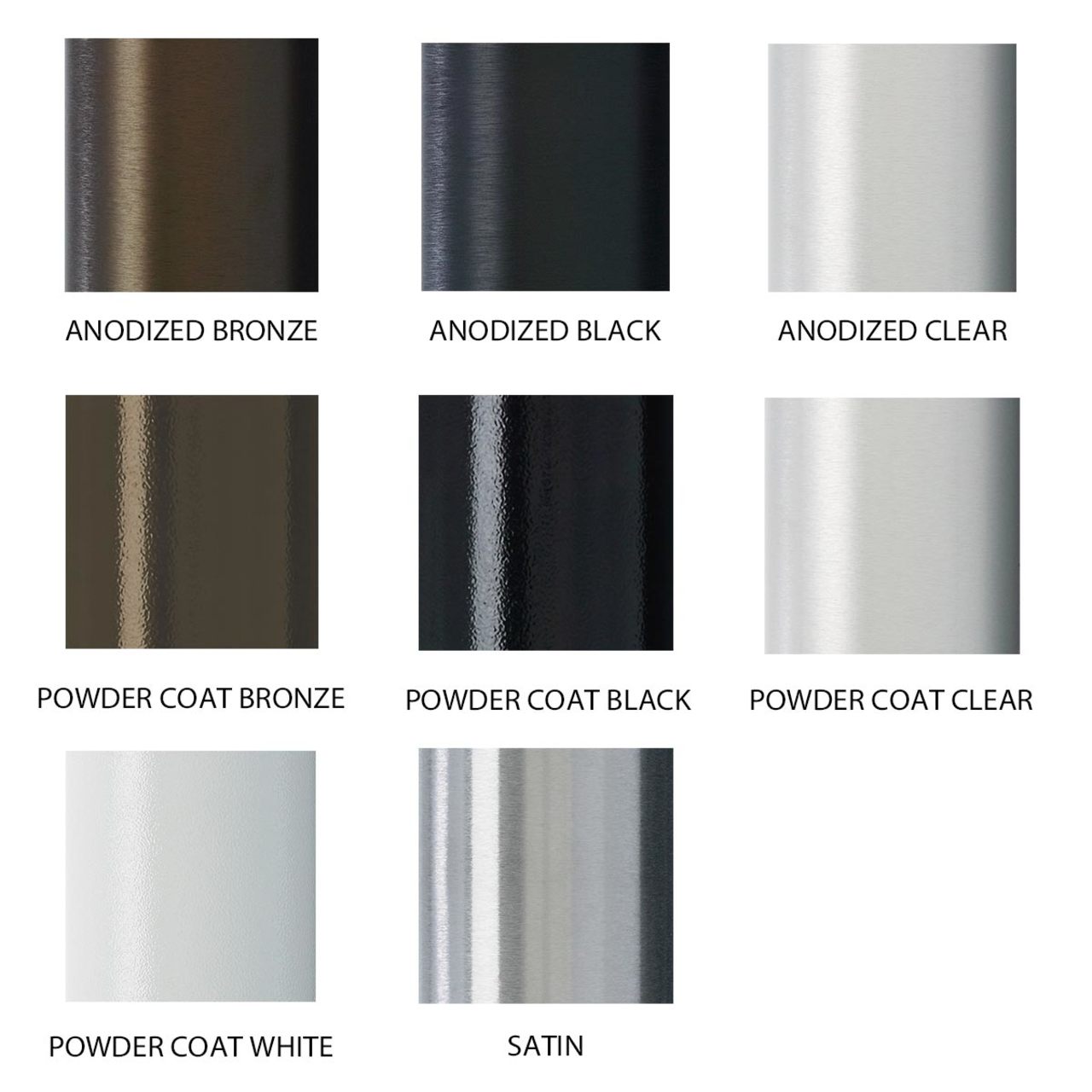 Eight images comparing different types of metal finishes on a white background with text underneath each.