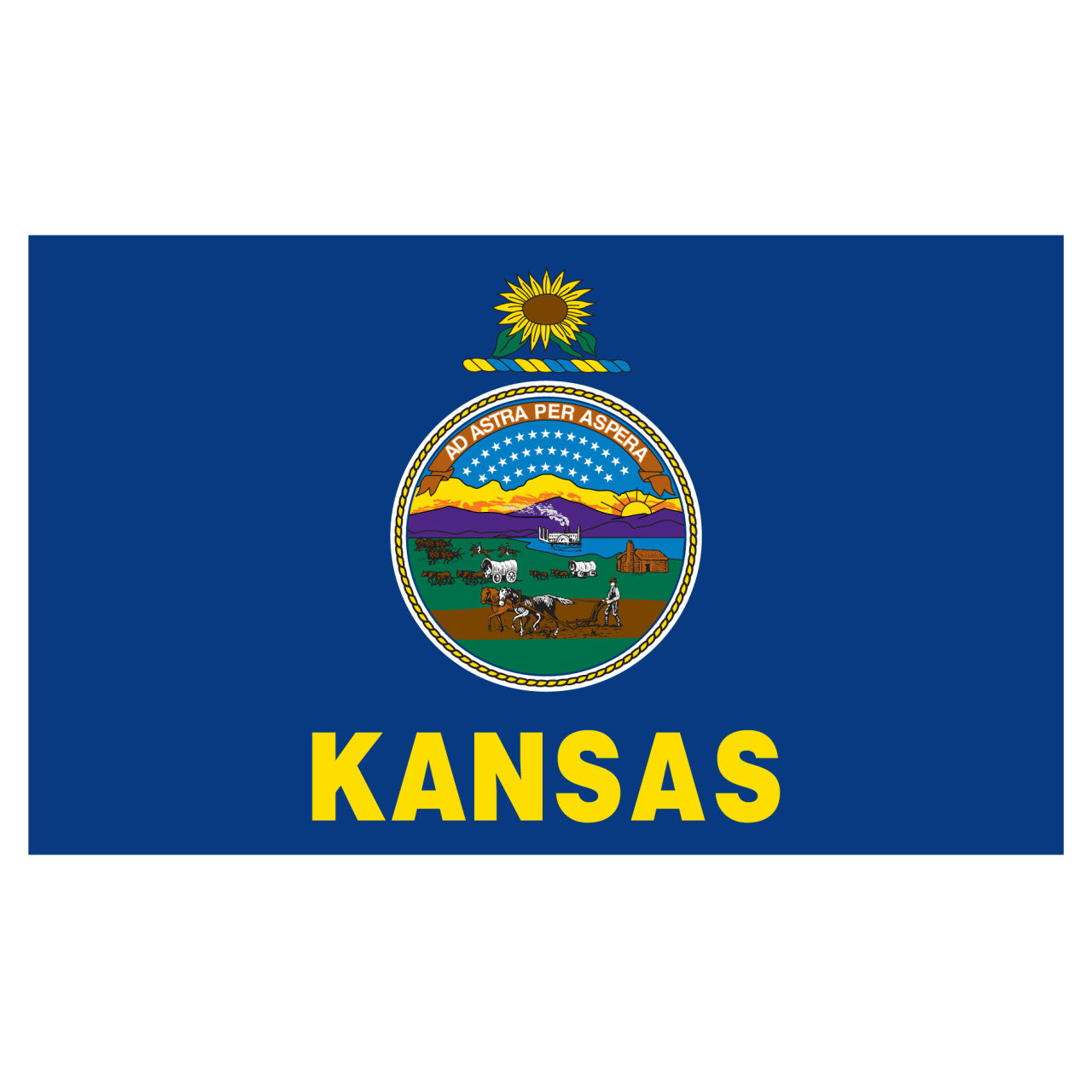 State of Kansas blue flag with Kansas state seal in the center, depicting a landscape with a rising sun, a steamship, a settler plowing a field, a covered wagon train, and Native Americans hunting buffalo. Above the scenery is the Latin motto 'AD ASTRA PER ASPERA'. Above the seal sits a gold and blue sunflower twist, and the word 'KANSAS' is printed in large, gold all-caps letters directly below the seal.