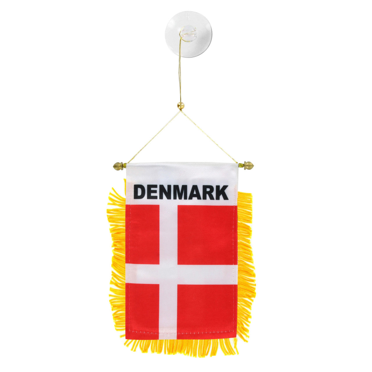 Small flag of Denmark with yellow fringe on a white background