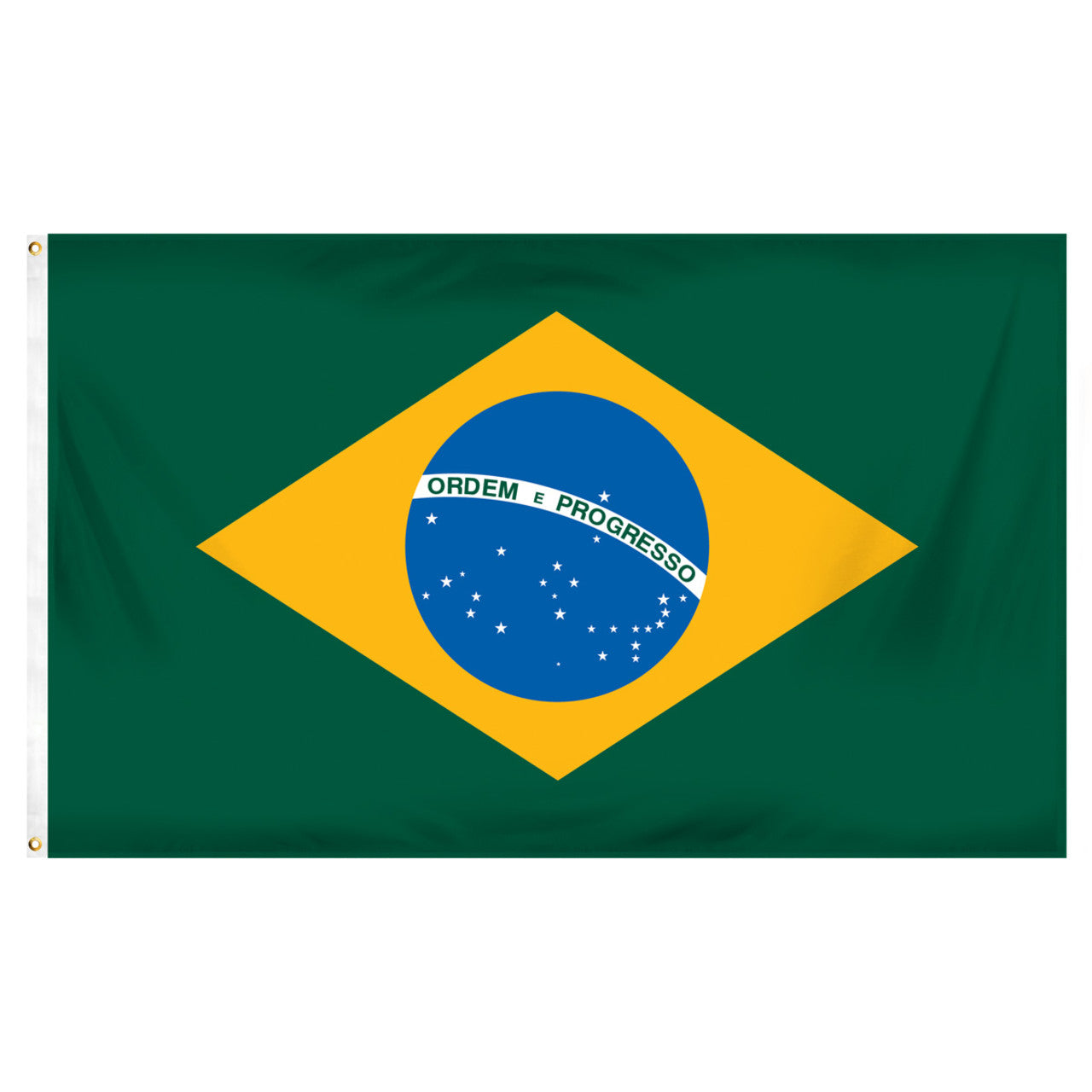 Flag of Brazil with green, yellow, and blue colors on a white background