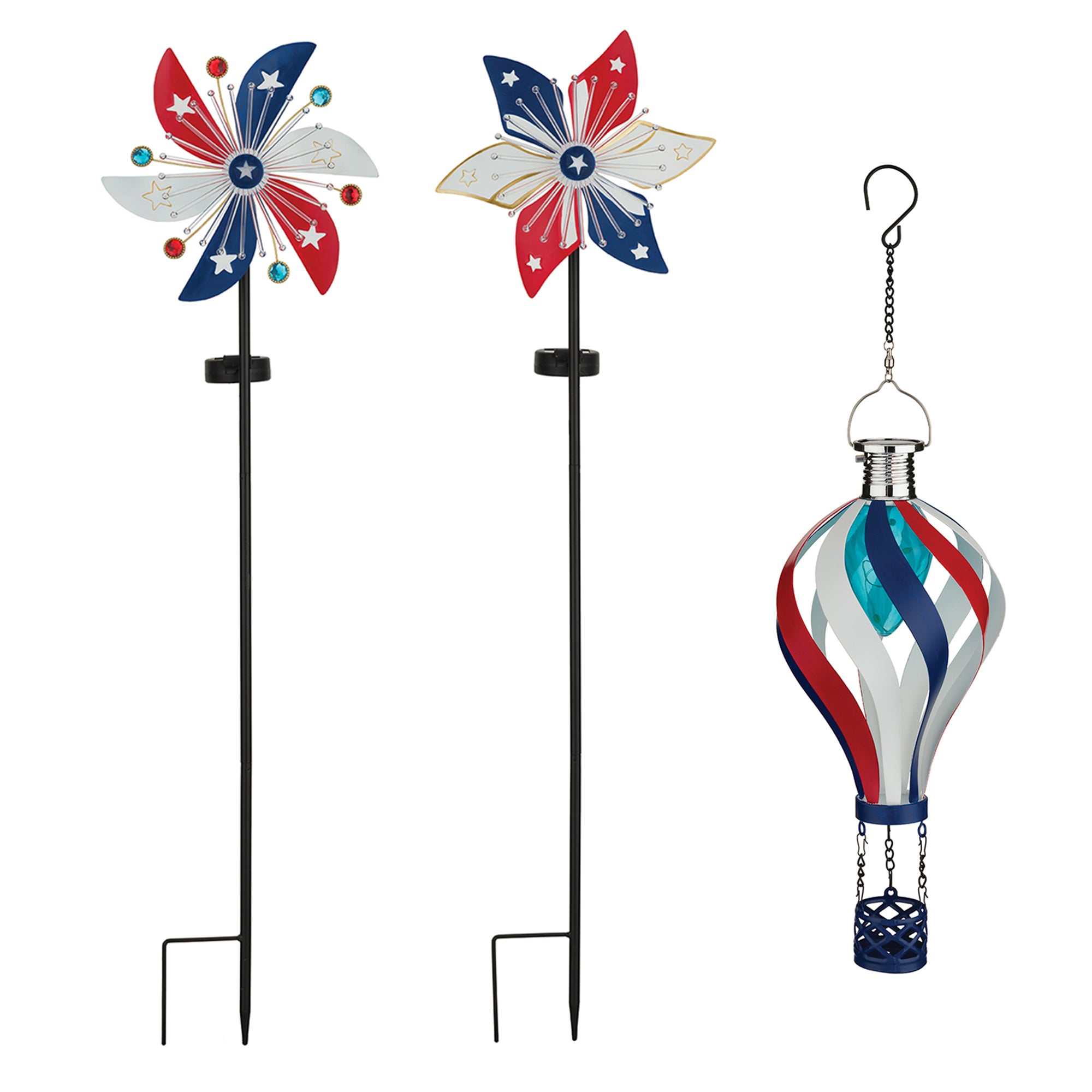 Bundle: 3-Piece Patriotic Solar Garden Spinner & Lantern