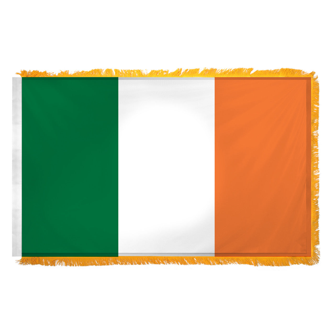 Flag of Ireland with green, white, and orange vertical blocks and yellow fringe on the edges
