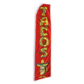 Decorative banner with cartoon taco and 'TACOS' text on a red background