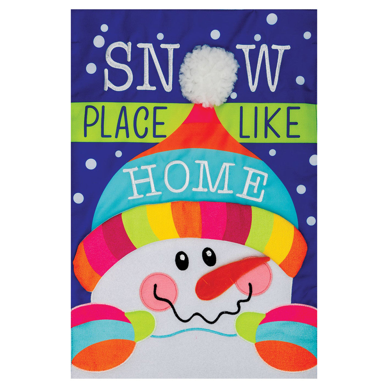 Colorful snowman-themed decorative flag with text on a blue background