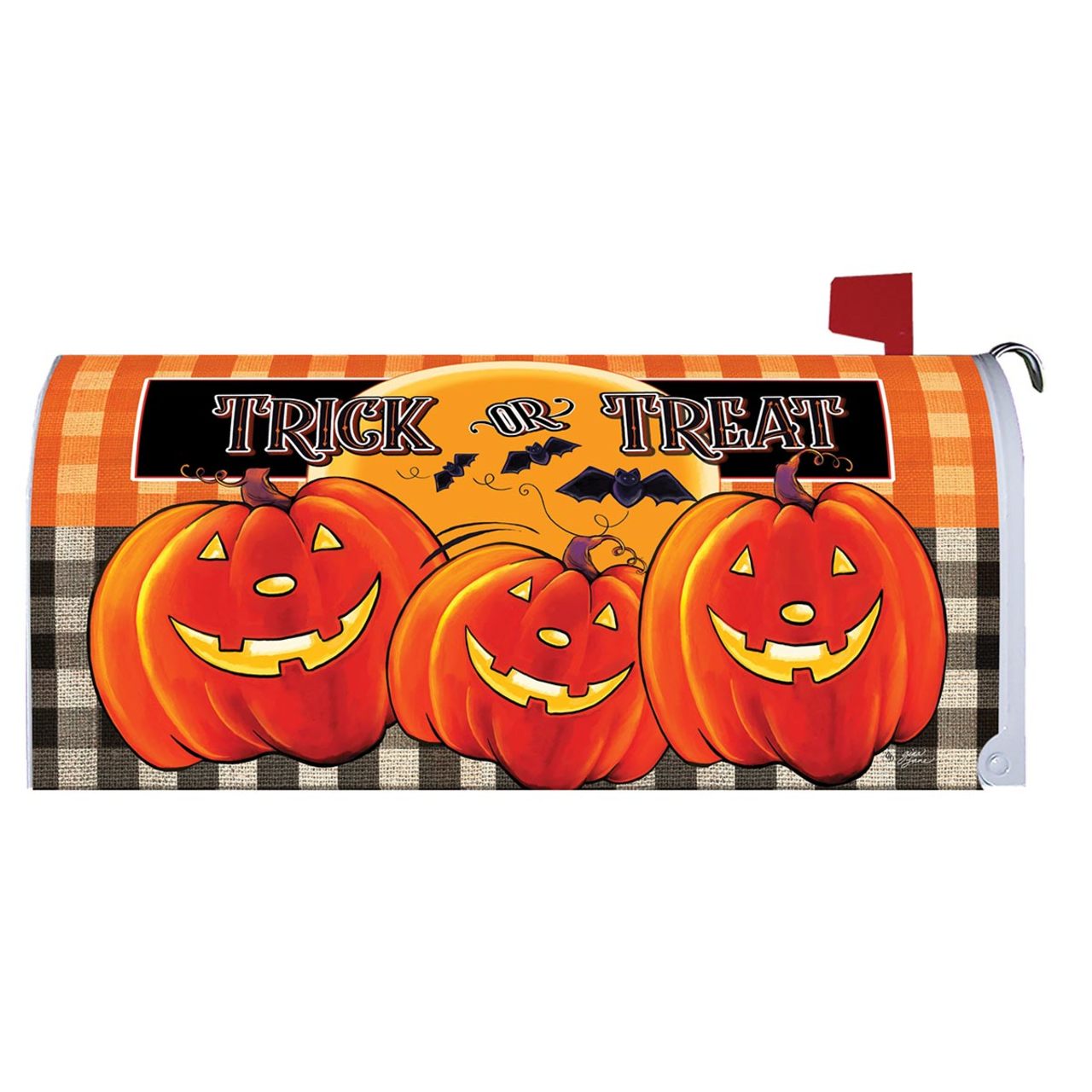 Halloween-themed mailbox cover with jack-o'-lanterns and 'Trick or Treat' text on a checkered background.