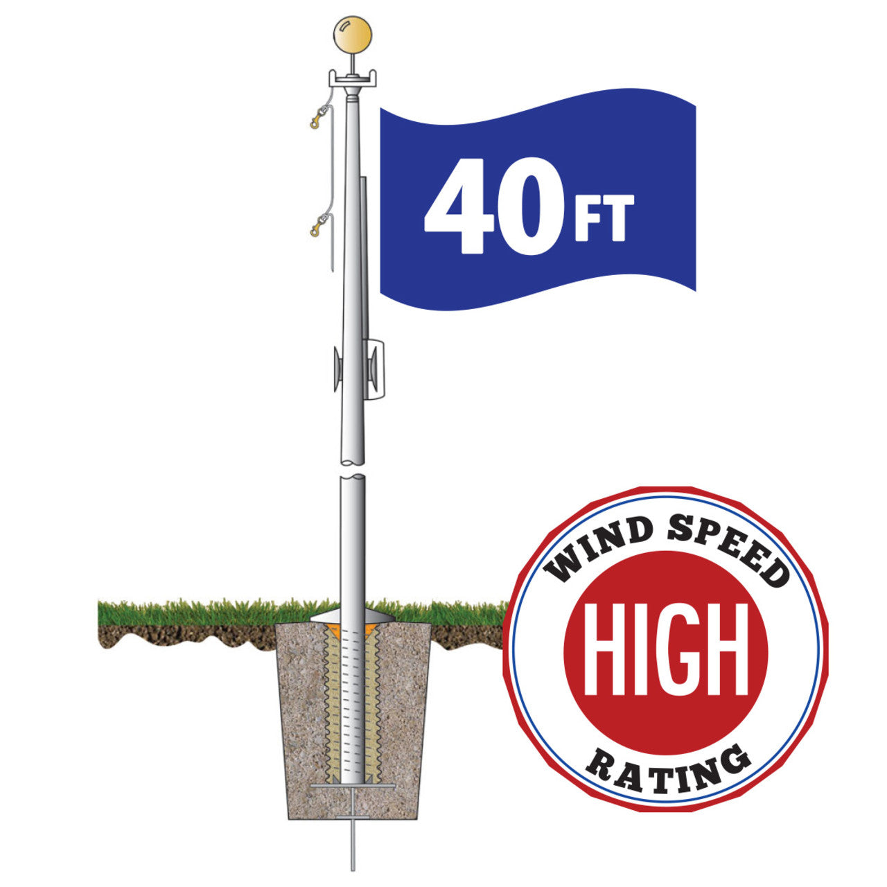 Hurricane Series 40ft Flagpole - External Halyard - ECH40