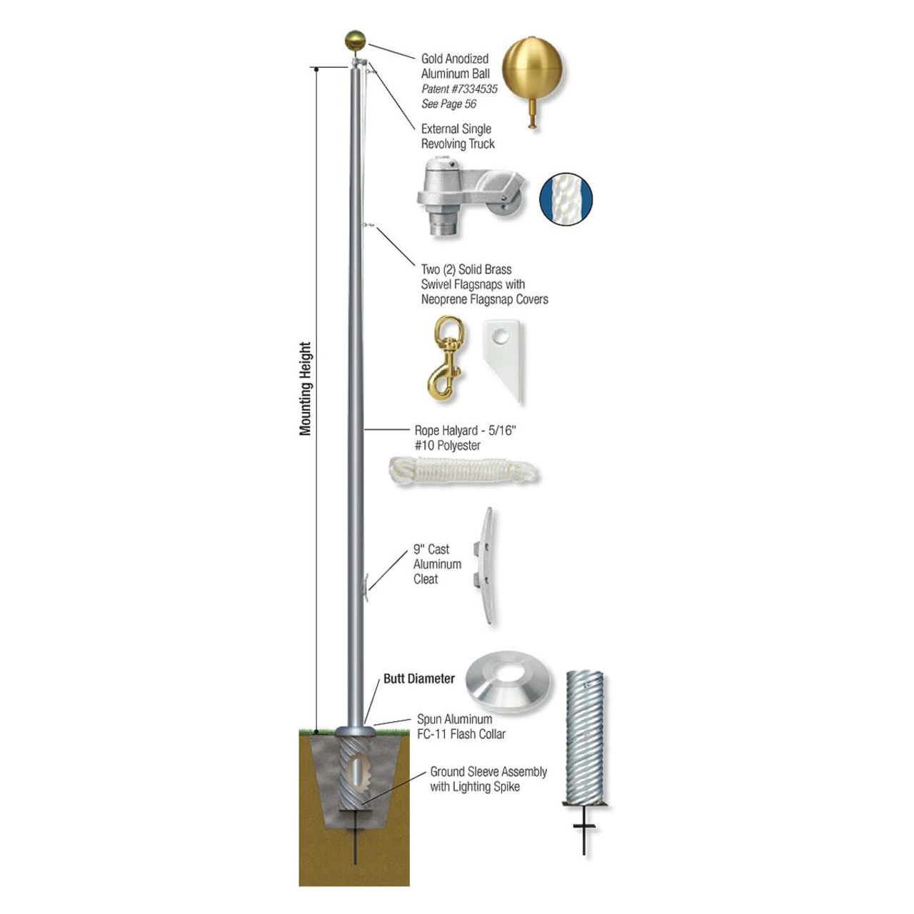 Detailed diagram of a flagpole assembly both in ground and above ground with labeled parts on a white background