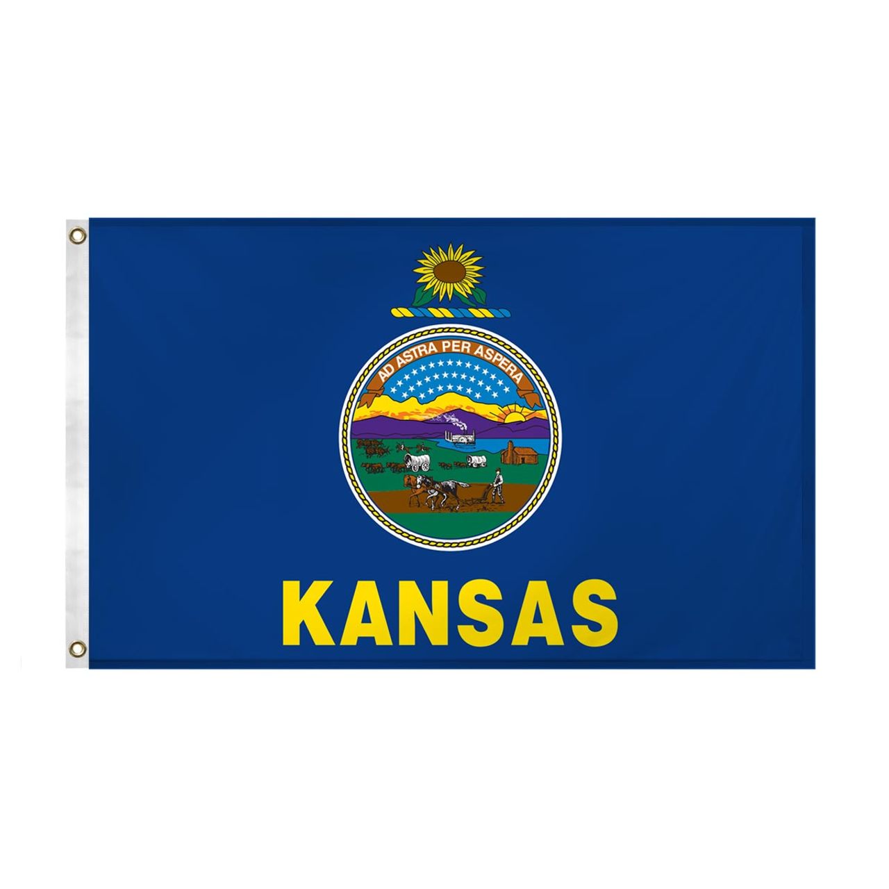 State of Kansas blue flag with Kansas state seal in the center, depicting a landscape with a rising sun, a steamship, a settler plowing a field, a covered wagon train, and Native Americans hunting buffalo. Above the scenery is the Latin motto 'AD ASTRA PER ASPERA'. Above the seal sits a gold and blue sunflower twist, and the word 'KANSAS' is printed in large, gold all-caps letters directly below the seal.