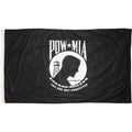 Black POW/MIA flag with white emblem and text on a white background