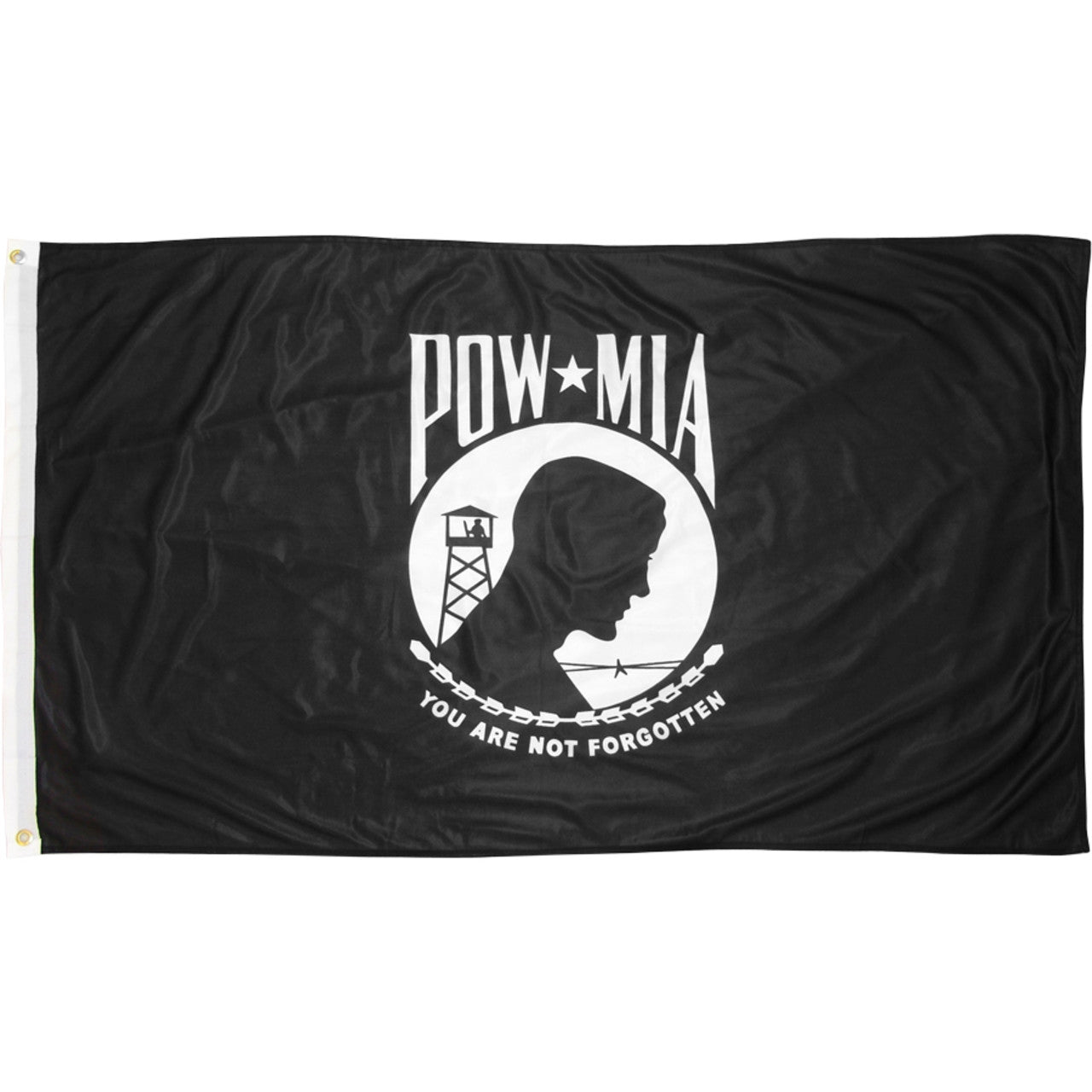Black POW/MIA flag with white emblem and text on a white background