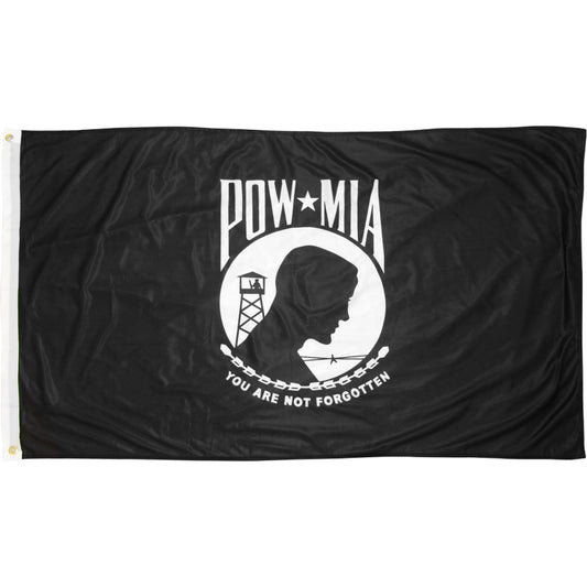 Black POW/MIA flag with white emblem and text on a white background