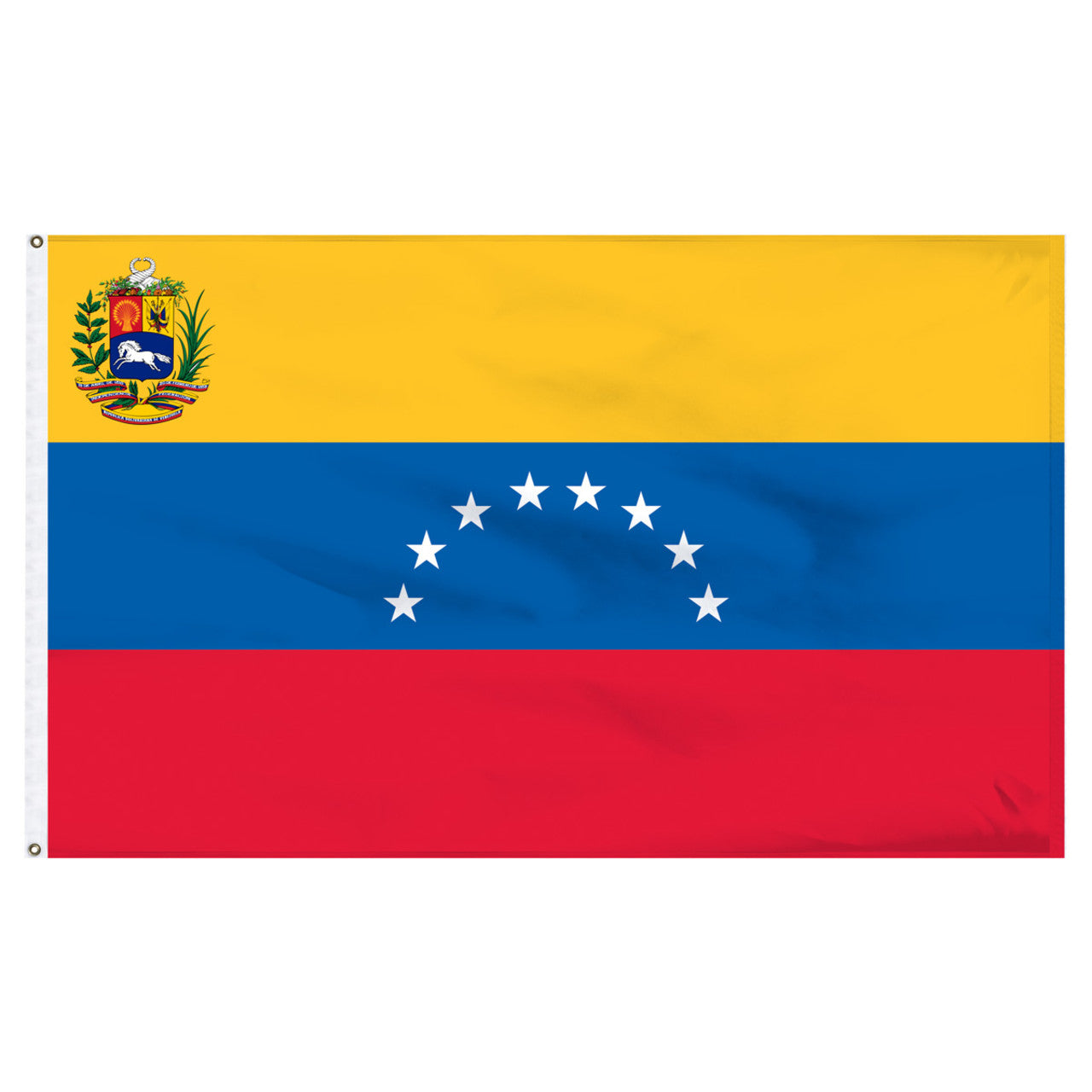 Flag of Venezuela with yellow, blue, and red horizontal stripes.  White stars in the formation of half circle in are the center and a coat of arms is in the top left corner.