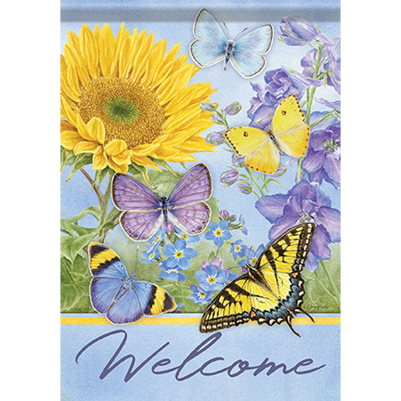 Decorative flag with sunflower, butterflies, and the word 'Welcome' on a blue background.