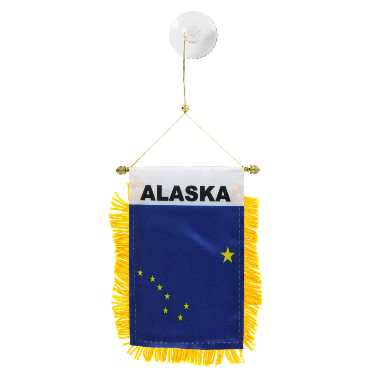 Small blue Alaska state flag with yellow fringe on a white background