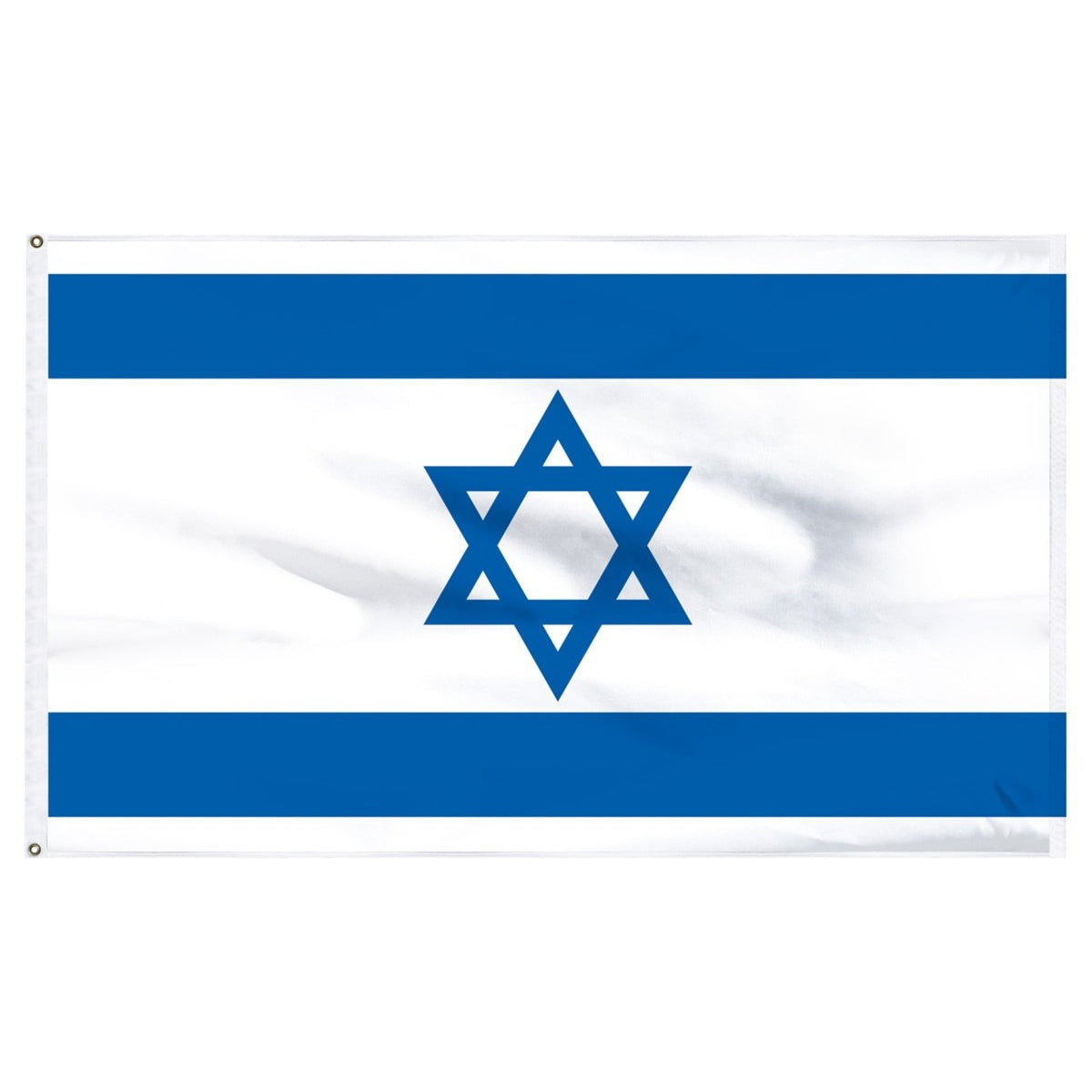 White flag of Israel with two blue horizontal stripes with one on the top and one on the bottom.  A blue Star of David is in the center of the flag.