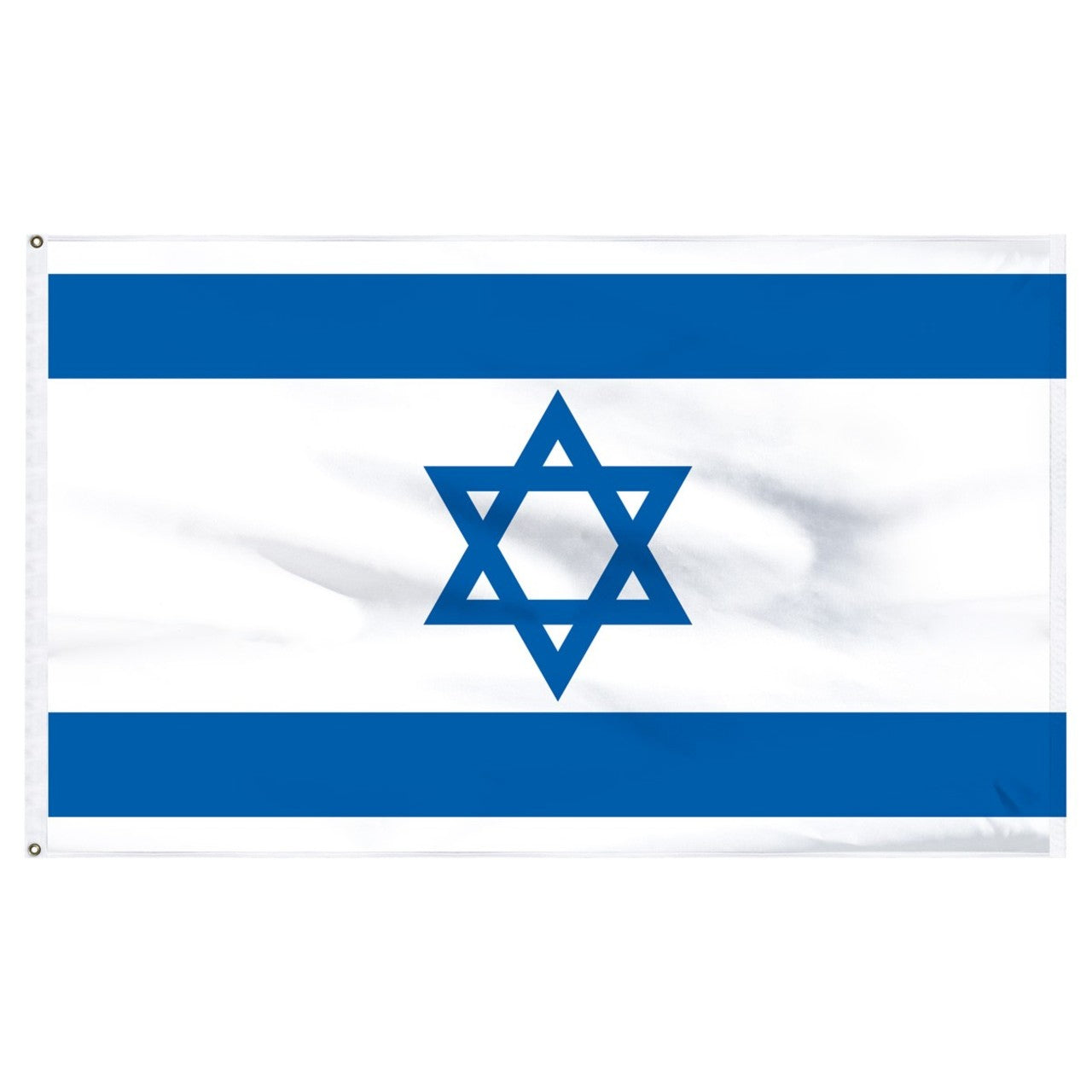 White flag of Israel with two blue horizontal stripes with one on the top and one on the bottom.  A blue Star of David is in the center of the flag.