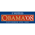 Electoral sticker for Obama in 2008 with 'I Voted' text on a blue background