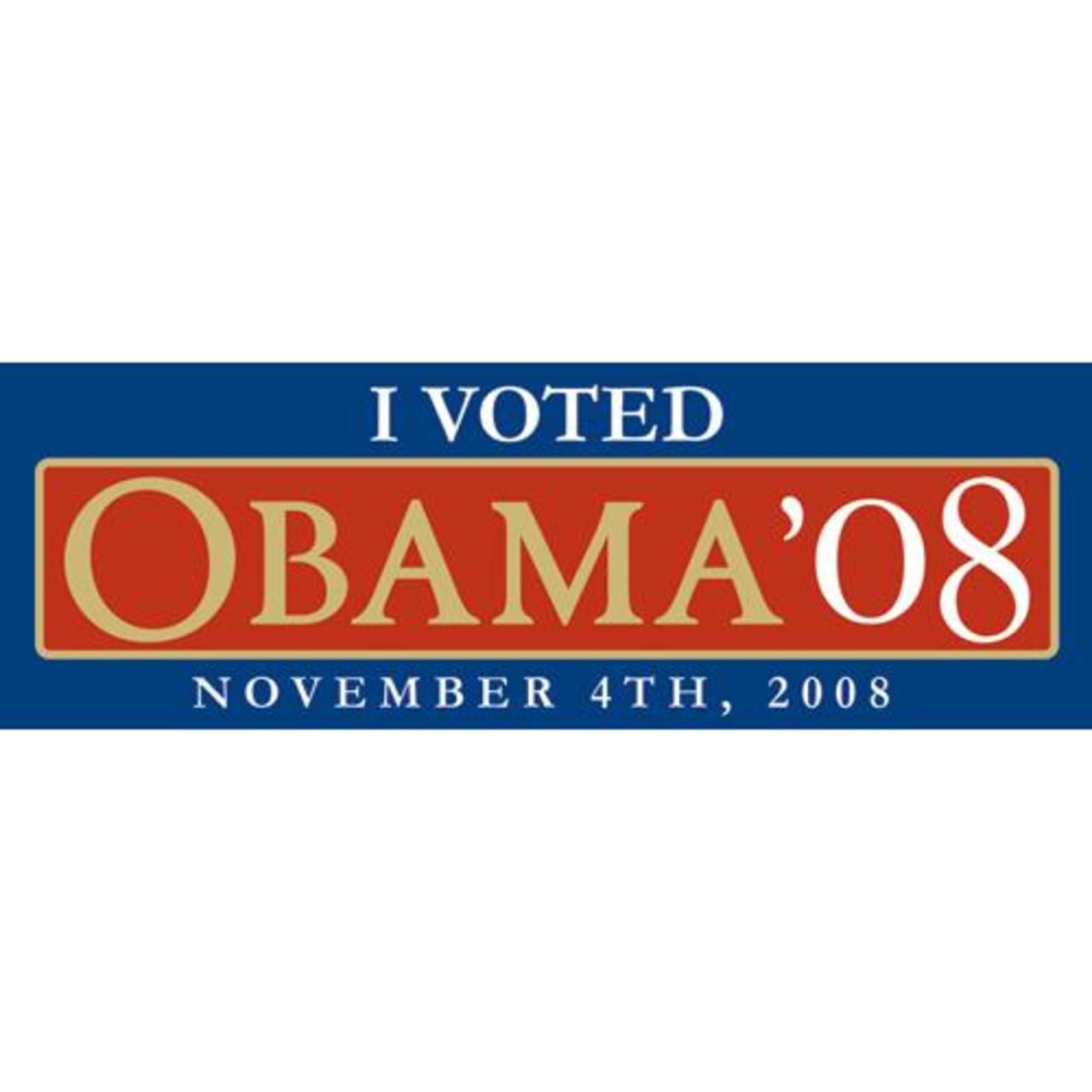 Electoral sticker for Obama in 2008 with 'I Voted' text on a blue background