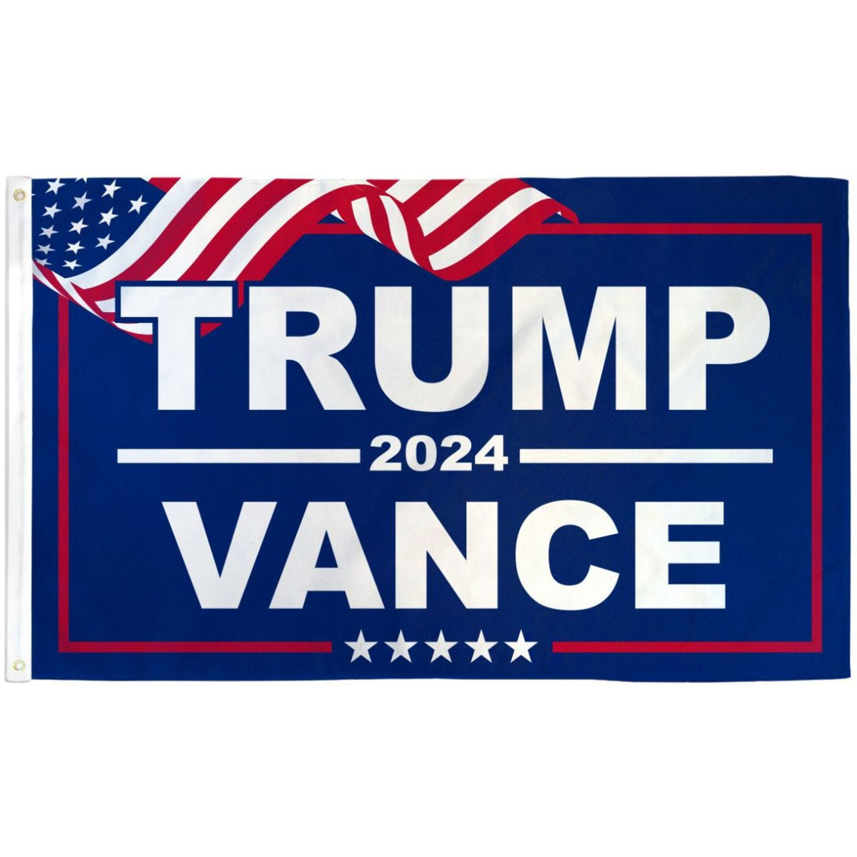 Political campaign flag with 'Trump 2024 Vance' text and American flag design.