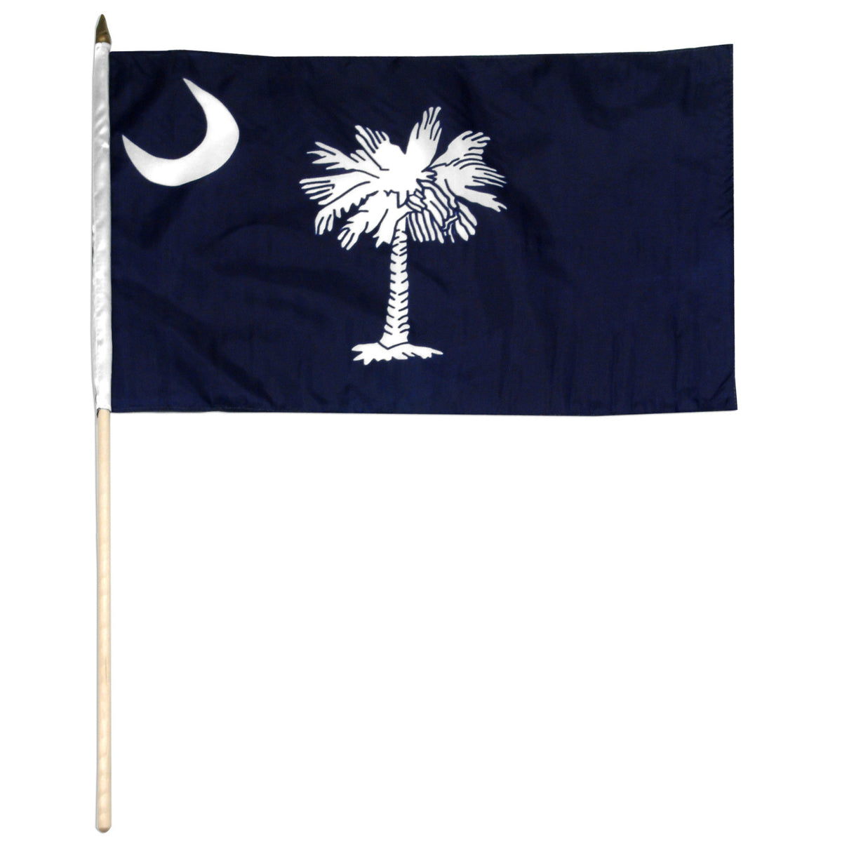 South Carolina navy blue flag with white palmetto tree and moon on a wooden stick against a white background
