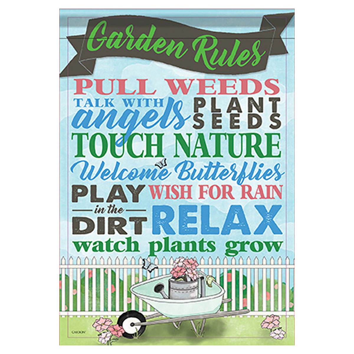 Poster with garden-themed text and a wheelbarrow illustration on a white background