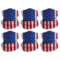 Six American flag patterned face coverings on a white background