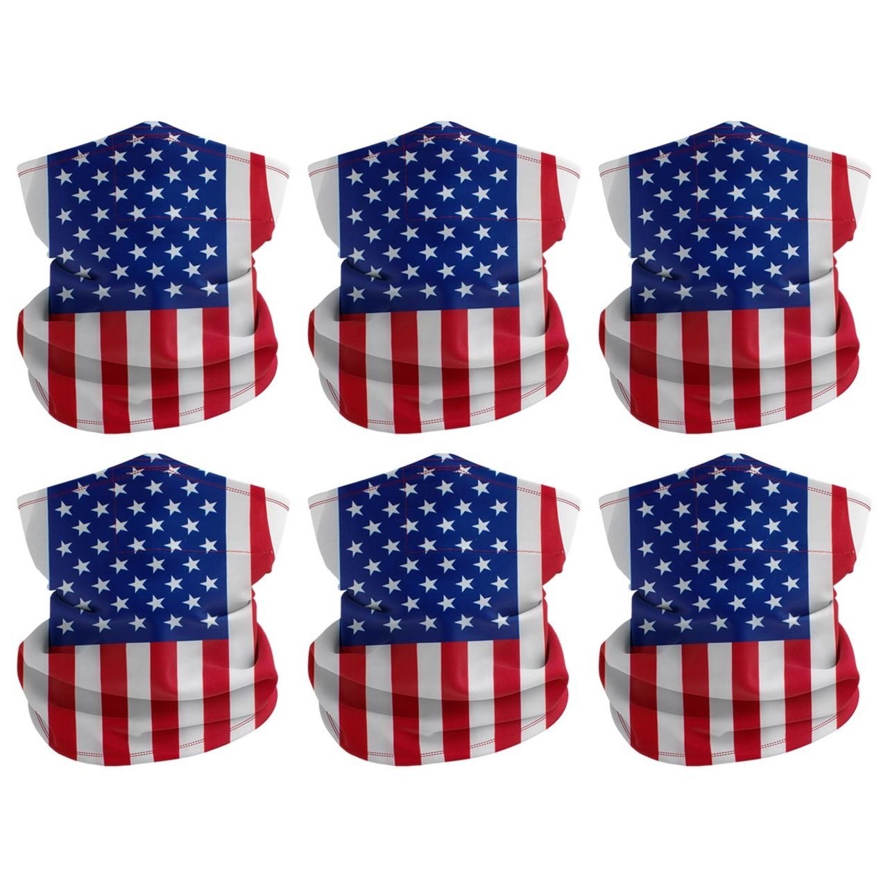 Six American flag patterned face coverings on a white background