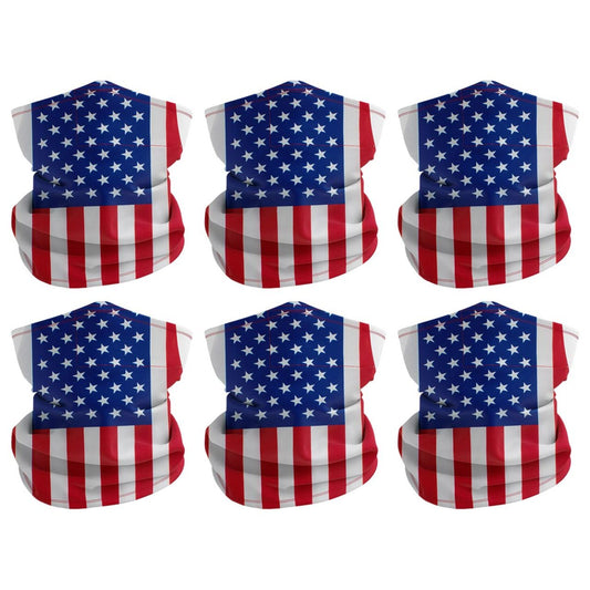 Six American flag patterned face coverings on a white background