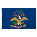 State of North Dakota flag featuring the full-color bald eagle emblem, the 'E Pluribus Unum' motto, and a red 'North Dakota' banner on a dark blue background.