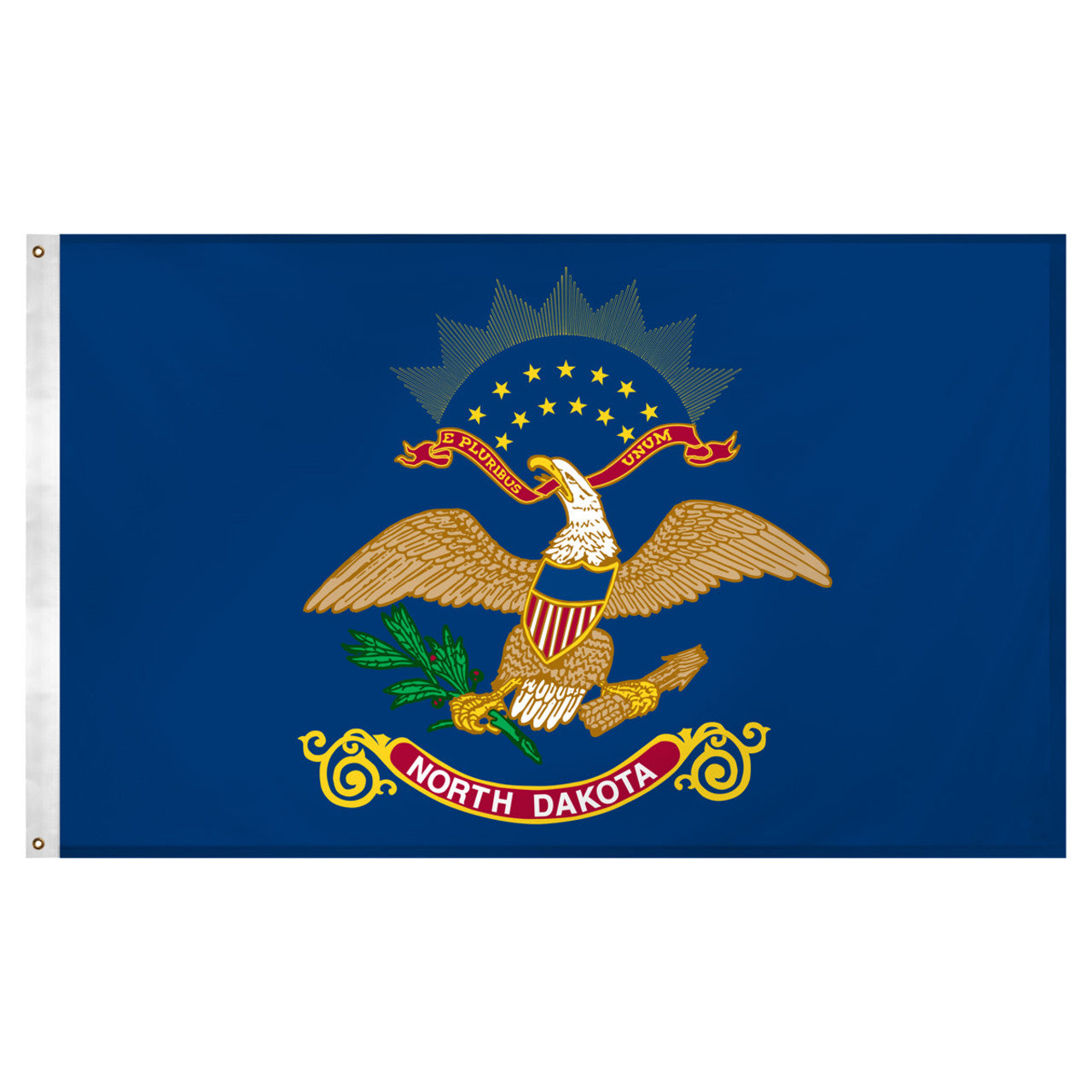 State of North Dakota flag featuring the full-color bald eagle emblem, the 'E Pluribus Unum' motto, and a red 'North Dakota' banner on a dark blue background.