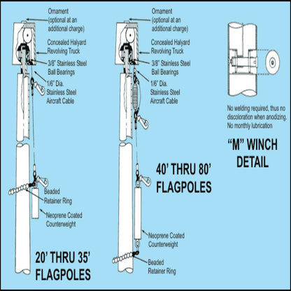 ECH30IH Hurricane Internal Halyard Series with M-Winch 30ft 2 Sections Commercial Flagpole - .250in Wall Thickness - 6in Butt Diameter
