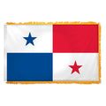 Flag of Panama with one blue block, one red block and two white blocks one with a blue star and one with a red star. Flag has yellow fringe.