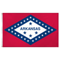 State of Arkansas flag with red background and a large horizontal diamonded outlined in blue with white stars and a white center with four blue stars and "Arkansas" text.