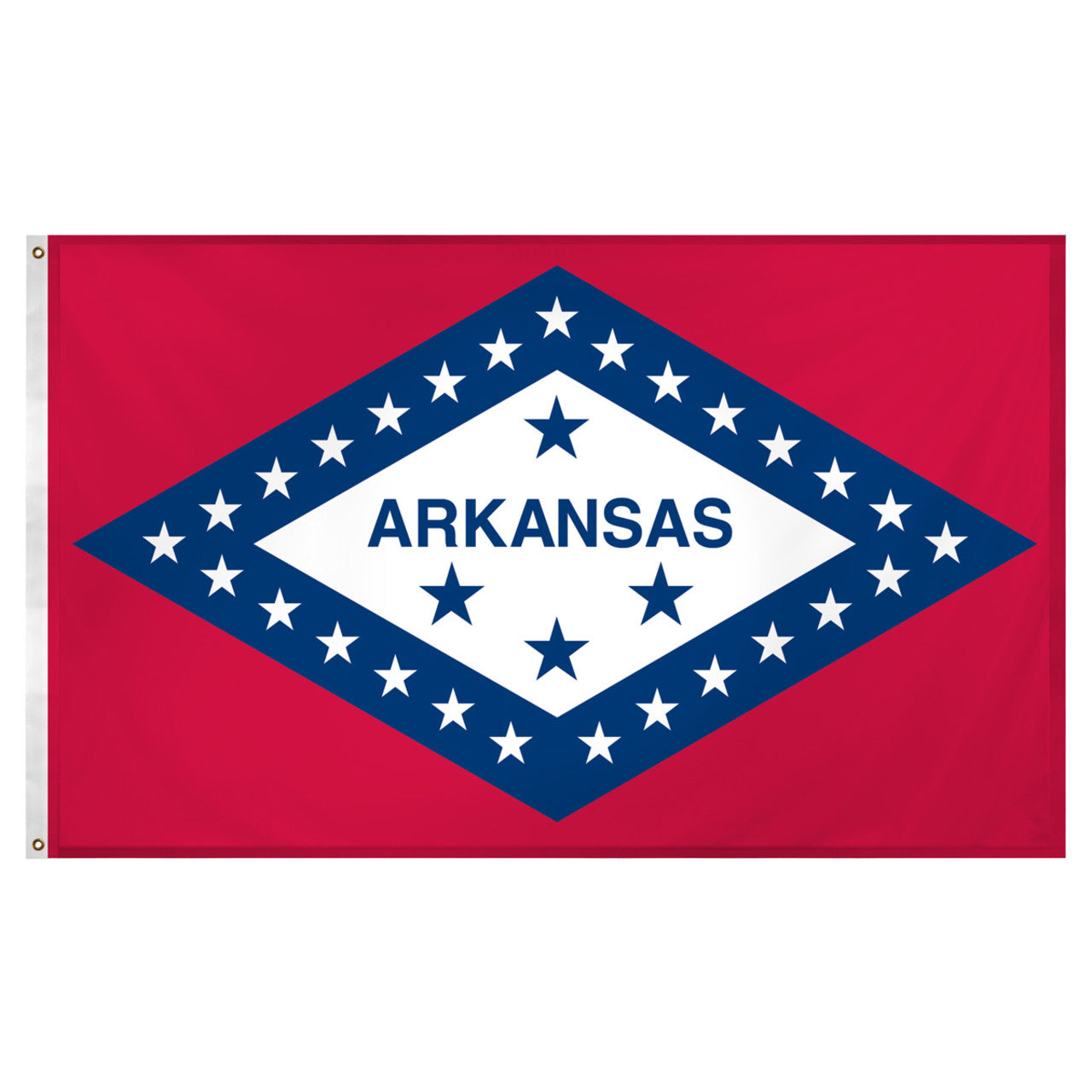 State of Arkansas flag with red background and a large horizontal diamonded outlined in blue with white stars and a white center with four blue stars and "Arkansas" text.