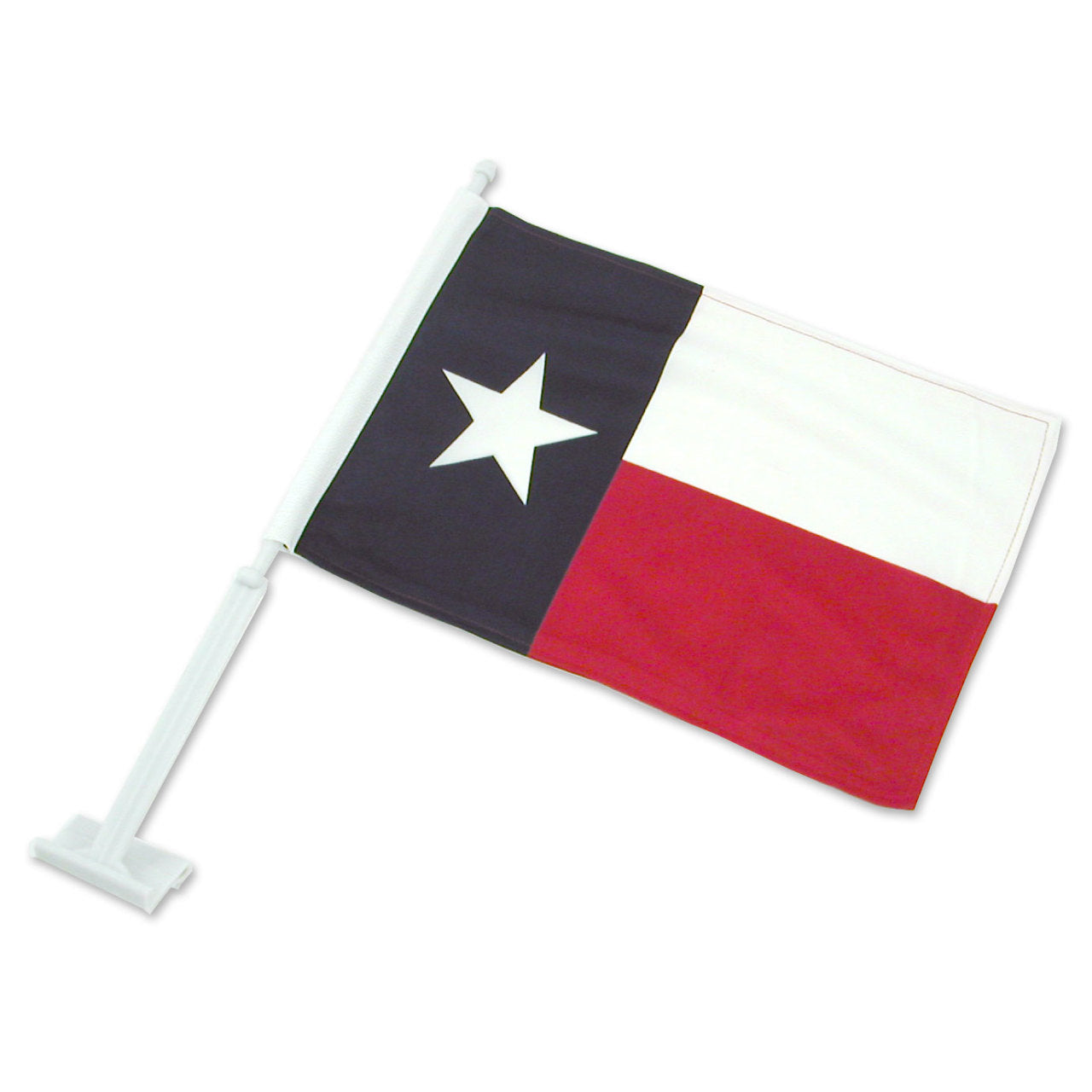 Texas flag with a white star on a blue and red background, attached to a white pole.