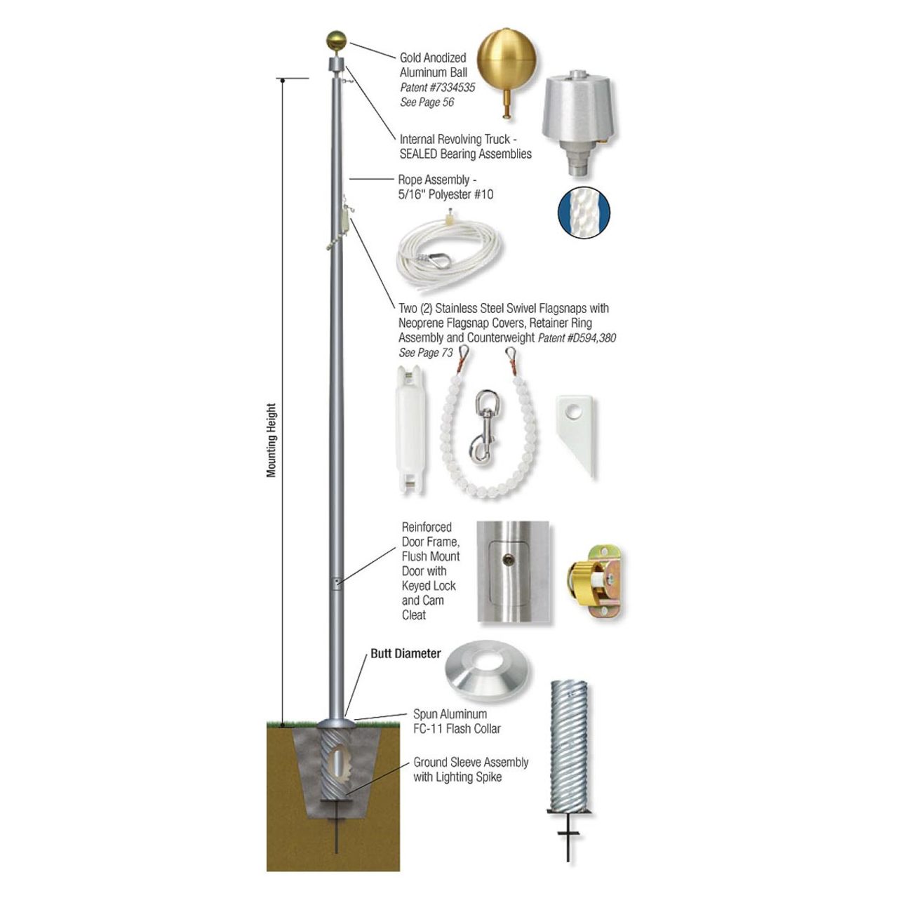 Sentry II Series 30ft Commercial Flagpole - .188in Wall Thickness - 6in Butt Diameter