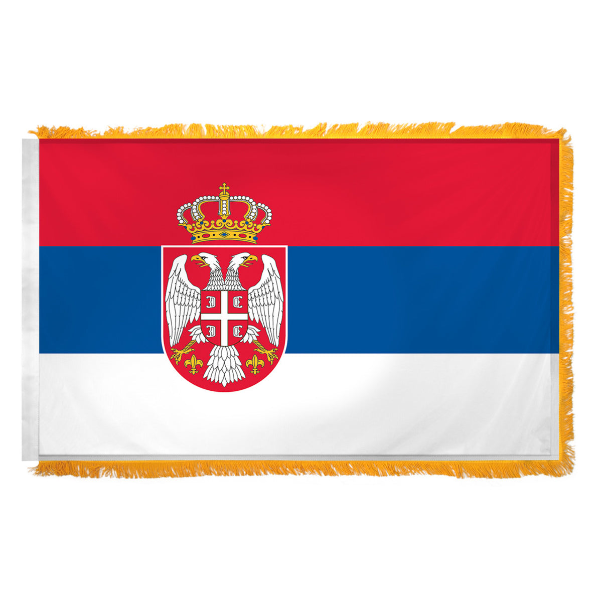 Flag of Serbia with red, blue, and white horizontal stripes and a coat of arms.  This flag features yellow fringe.