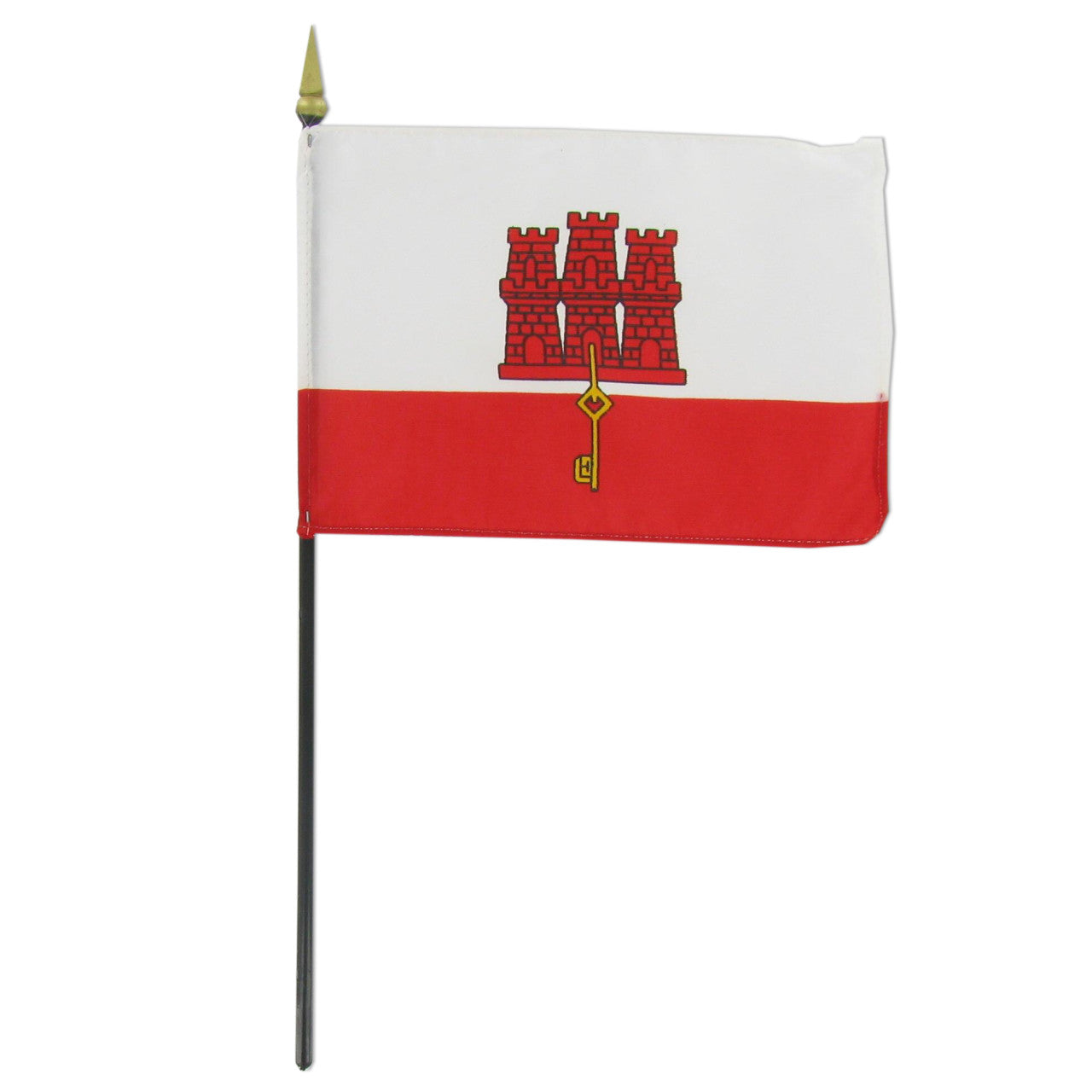 Flag of Gibraltar with a white top half and red bottom half, featuring a key and fort design.