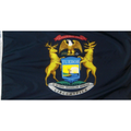 Michigan state flag with a coat of arms featuring two deer, an eagle, and a shield on a blue background.