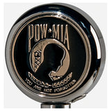 POW*MIA emblem with silhouette and text on a black background motorcycle flag topper