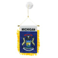 Michigan state flag hanging banner with emblem and text on a white background