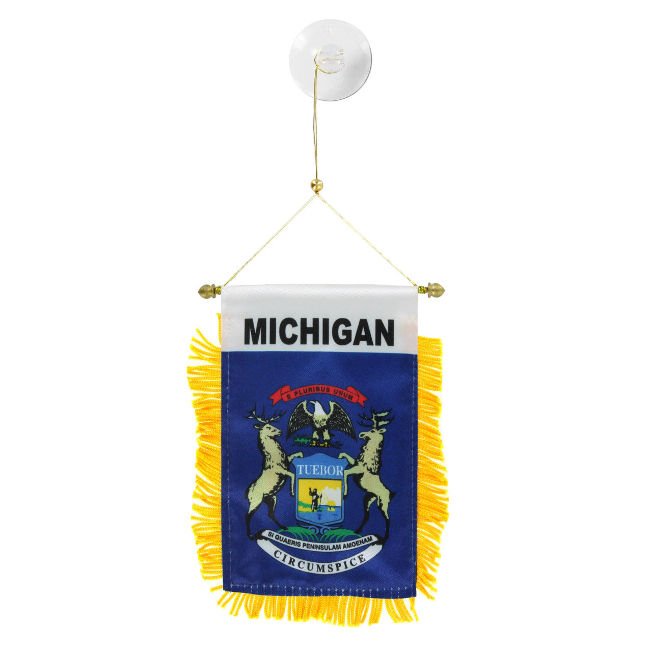 Michigan state flag hanging banner with emblem and text on a white background
