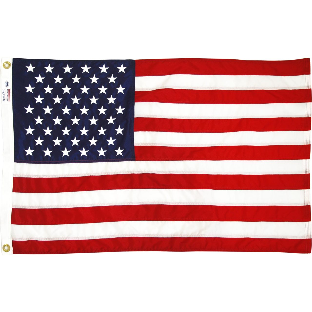 A 5ft x 8ft nylon American flag by Valley Forge with red and white stripes and blue field with white stars.