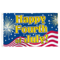 Flag with 'Happy Fourth of July!' text, American flag design, and fireworks on a blue background.
