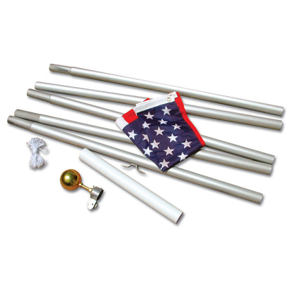 Set of flagpoles with a small American flag on a white background