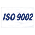 A rectangular blue flag with the text 'ISO 9002' in white font, featuring a polyester canvas heading and spurred brass grommets.