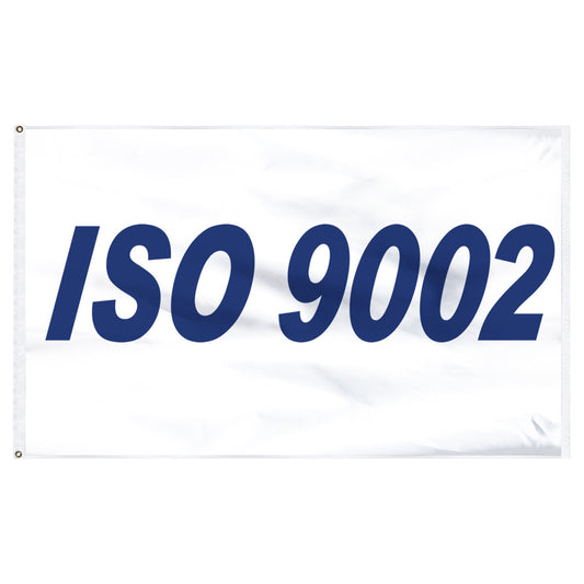 ISO 9002 3' x 5 Nylon Flags - Secondary Image - United States Flag Store A rectangular blue flag with the text 'ISO 9002' in white font, featuring a polyester canvas heading and spurred brass grommets.