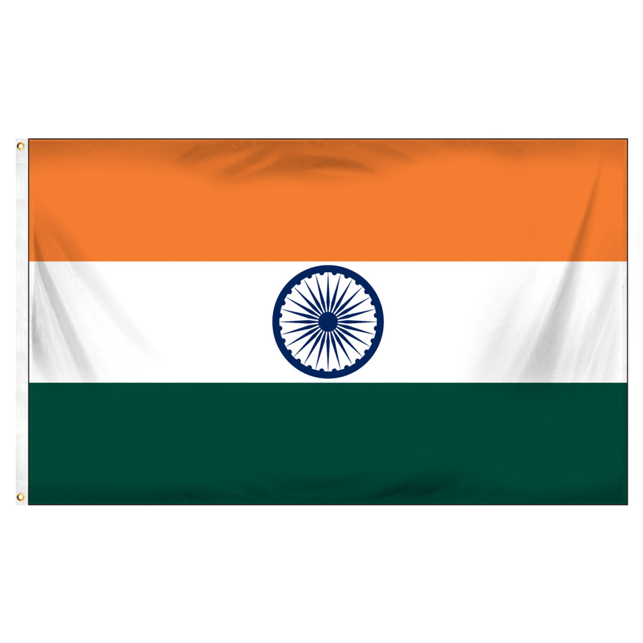 Flag of India with three horizontal stripes: orange, white, and green, featuring a blue wheel in the center.